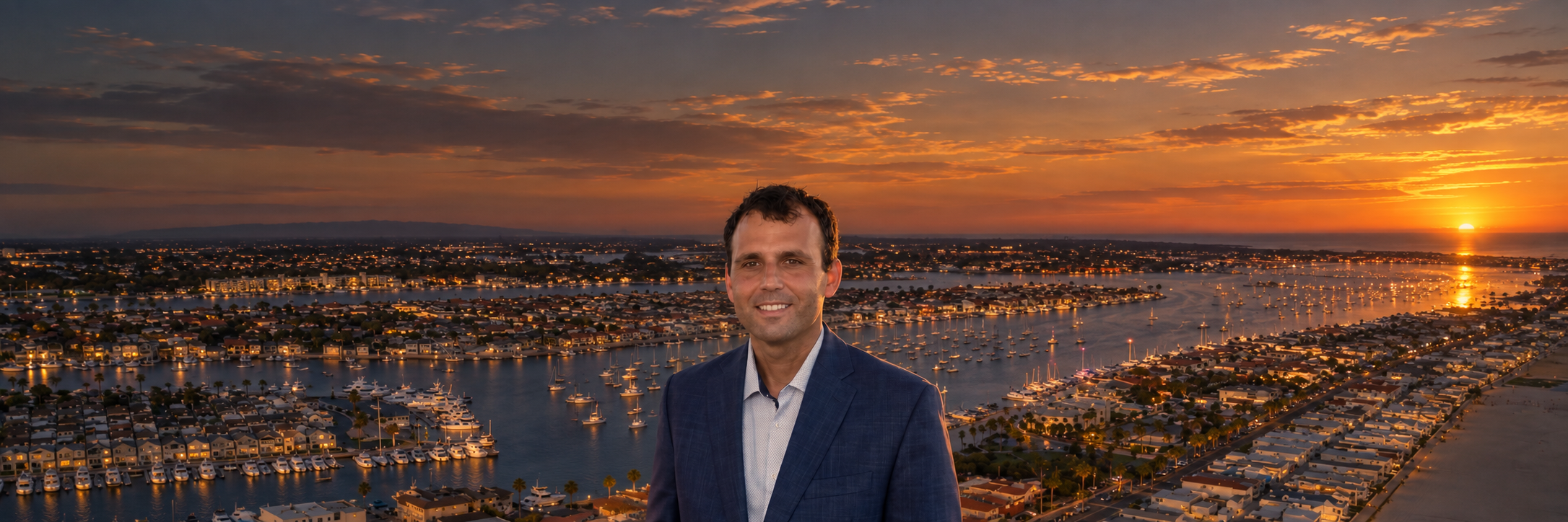 Nicholas Pardini above Newport Beach harbor at golden hour